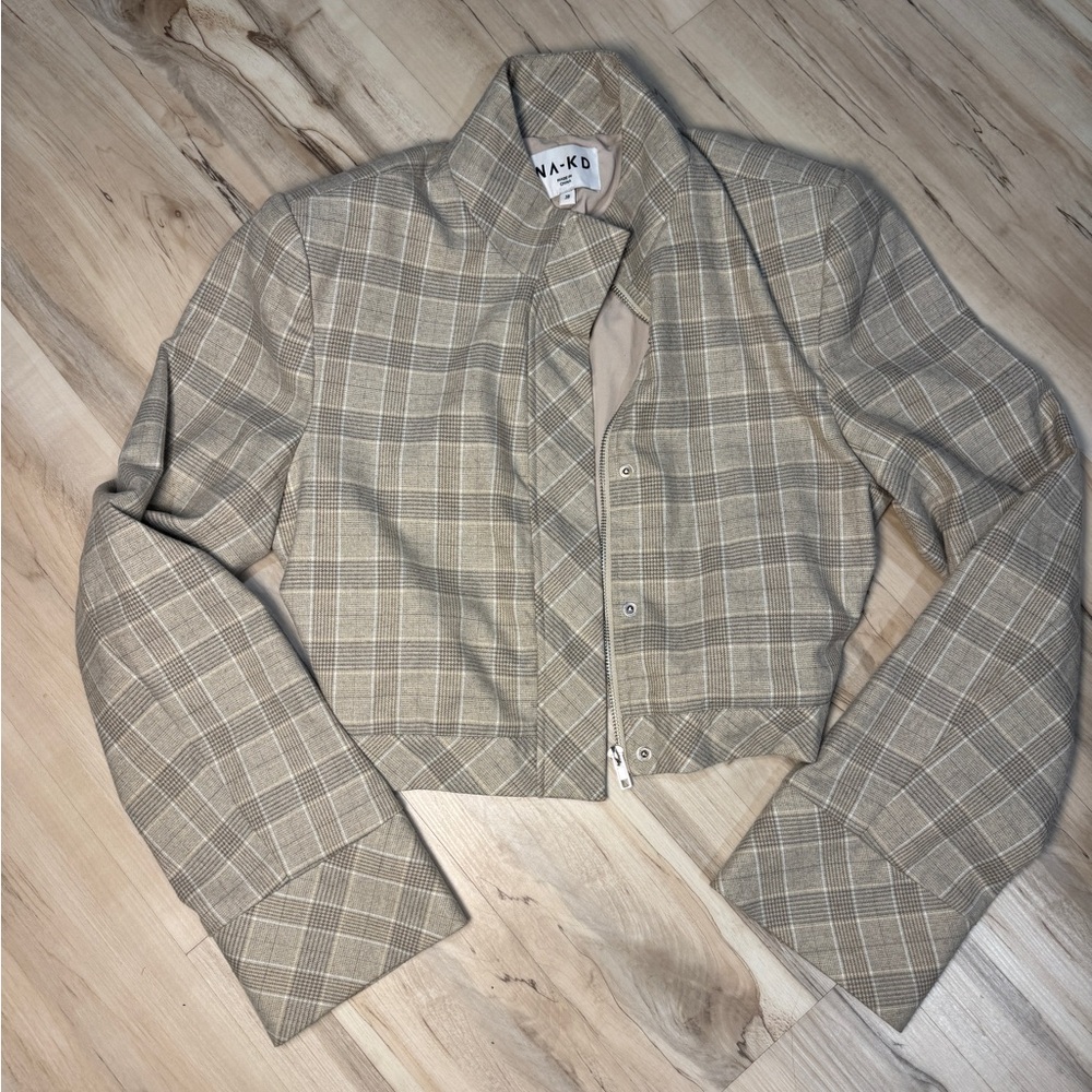 NA-KD Tan Glen Plaid Cropped Moto Jacket EU 38 M